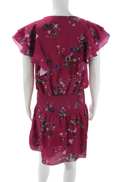 Parker Women Blouson Wrap Dress Pink Floral Short Sleeve V Neck Size M