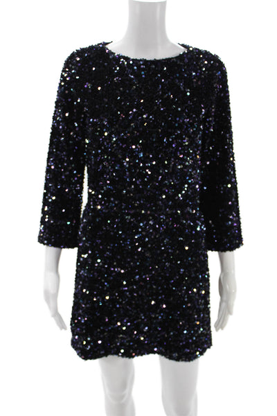 Seventy Women Mini Shift Dress Black 3/4 Sleeve Sequined Size 42