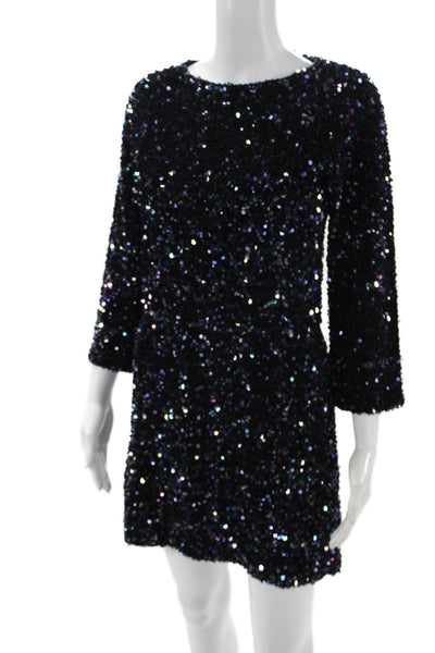 Seventy Women Mini Shift Dress Black 3/4 Sleeve Sequined Size 42