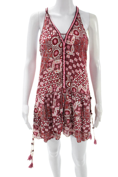 Poupette St. Barth Women Pink Floral V-Neck Sleeveless Playsuit Viscose Size S