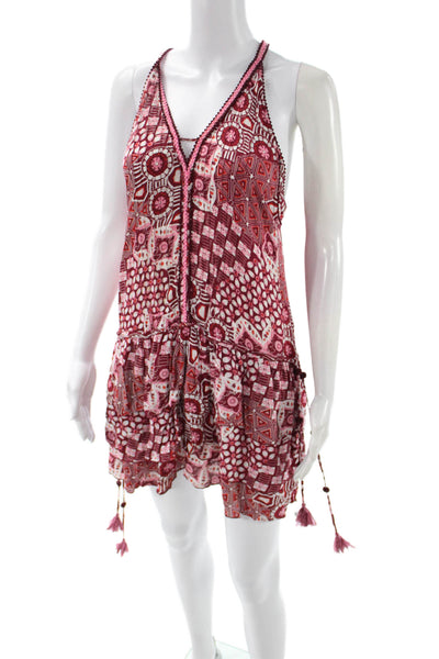 Poupette St. Barth Women Pink Floral V-Neck Sleeveless Playsuit Viscose Size S