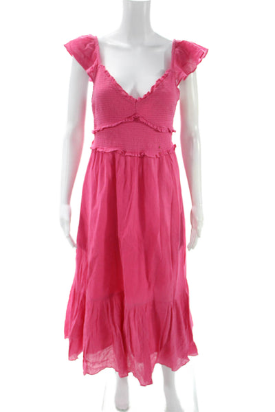 Love Shack Fancy Womens Pink Cotton Midi Sundress V Neck Boho Size S