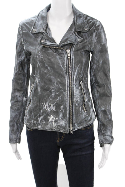 Bully Women Biker Jacket Dark Gray Collared Zip Long Sleeve Graphic Size 44