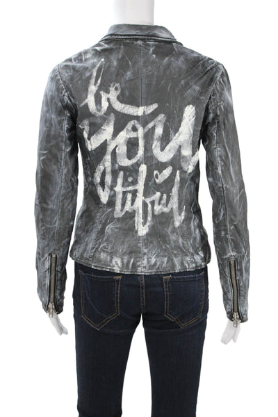 Bully Women Biker Jacket Dark Gray Collared Zip Long Sleeve Graphic Size 44