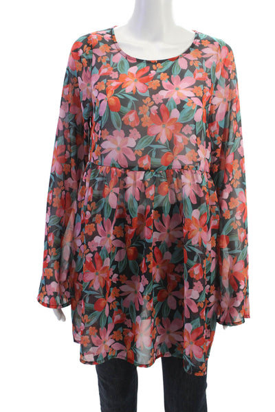Beach Riot Women Floral Tunic Long Sleeve Round Neck Black Polyester Size S