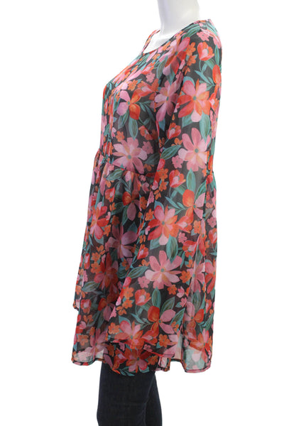 Beach Riot Women Floral Tunic Long Sleeve Round Neck Black Polyester Size S