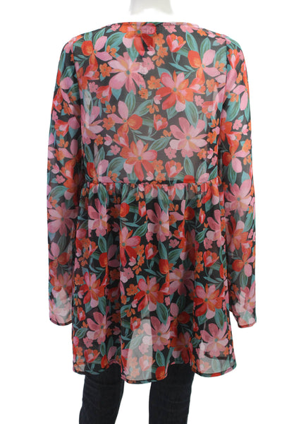 Beach Riot Women Floral Tunic Long Sleeve Round Neck Black Polyester Size S
