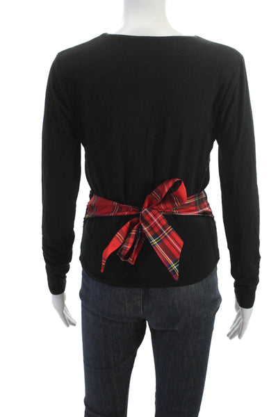 J Crew Women Black Linen V-Neck Tie Long Sleeve Christmas Top Size S