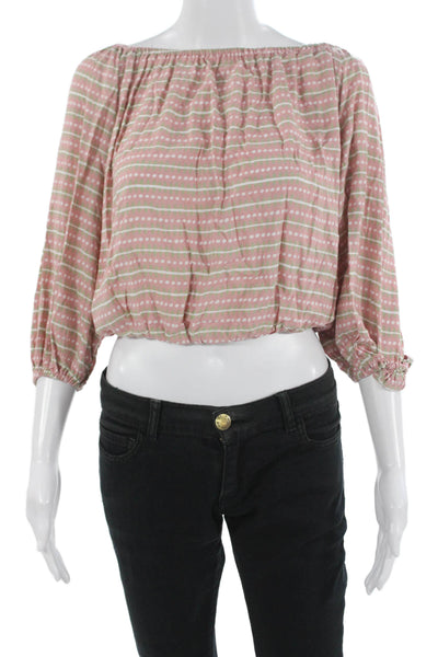 Skemo Women Cropped Pink Striped Rayon Blouse 3/4 Sleeve Bohemian Size XS