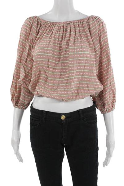 Skemo Women Cropped Striped Rayon Blouse 3/4 Sleeve Round Neck Pink Size S