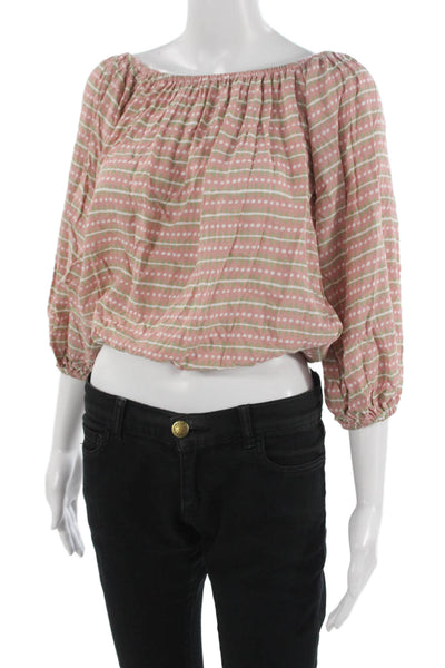 Skemo Women Cropped Striped Rayon Blouse 3/4 Sleeve Round Neck Pink Size S