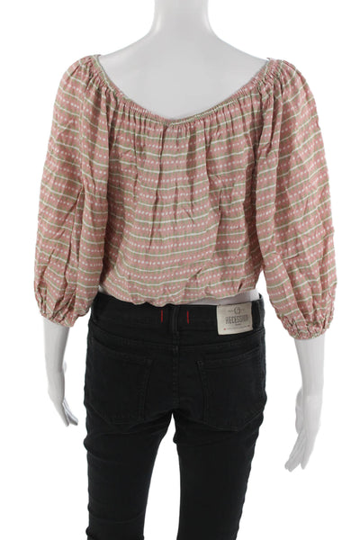 Skemo Women Cropped Striped Rayon Blouse 3/4 Sleeve Round Neck Pink Size S