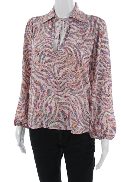 Veronica M Women Tunic Blouse Pink Collared Long Sleeve Tie Size S