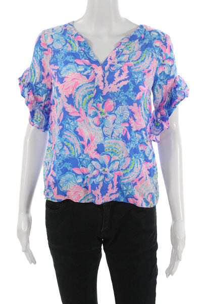 Lilly Pulitzer Women Floral V-Neck Short Sleeve Blouse Blue Size 2XS