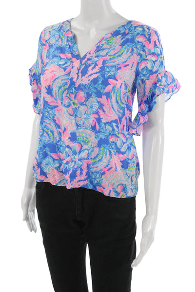 Lilly Pulitzer Women Floral V-Neck Short Sleeve Blouse Blue Size 2XS