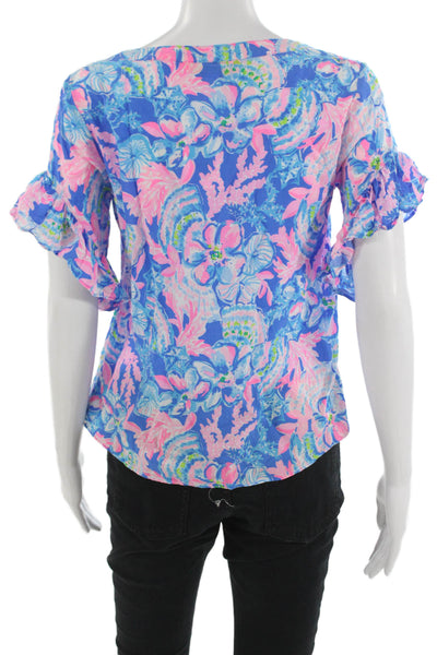 Lilly Pulitzer Women Floral V-Neck Short Sleeve Blouse Blue Size 2XS