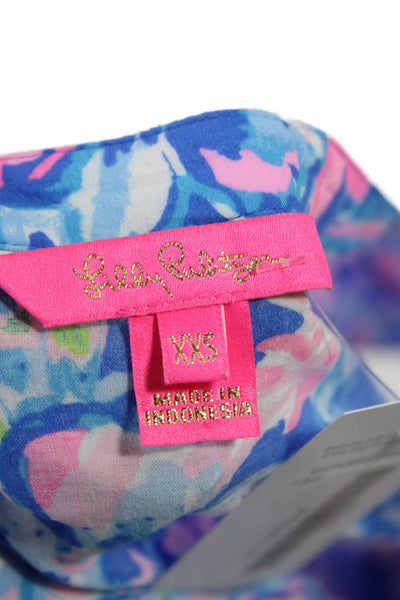 Lilly Pulitzer Women Floral V-Neck Short Sleeve Blouse Blue Size 2XS