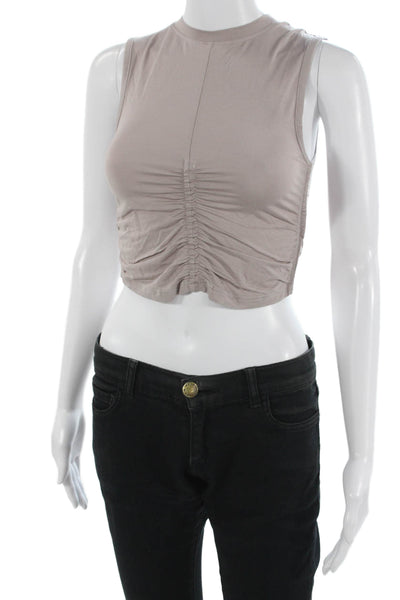 Mono B Womens Cropped Tank Beige Crew Neck Sleeveless Size S