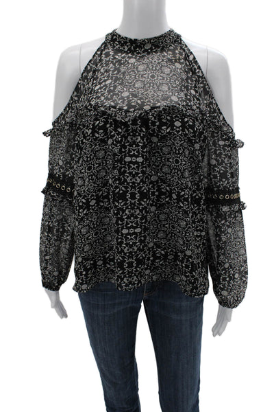 Misa Women Black Floral Viscose High Neck Long Sleeve Blouse Bohemian Size M