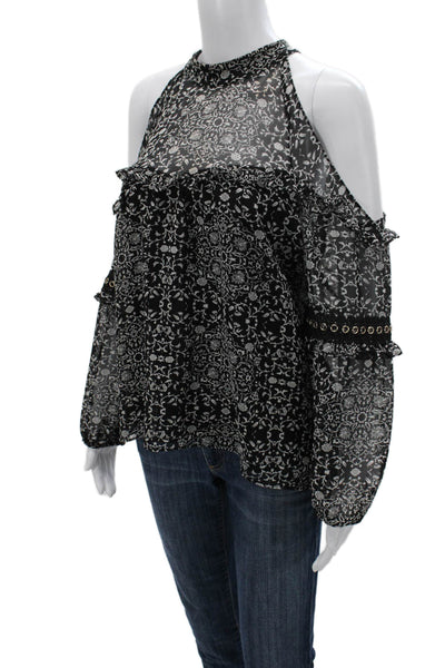 Misa Women Black Floral Viscose High Neck Long Sleeve Blouse Bohemian Size M