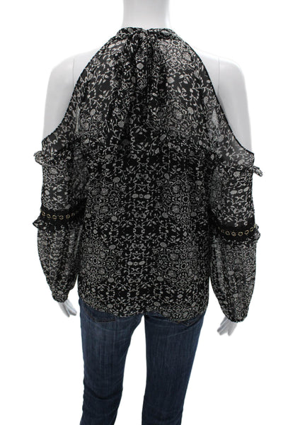 Misa Women Black Floral Viscose High Neck Long Sleeve Blouse Bohemian Size M