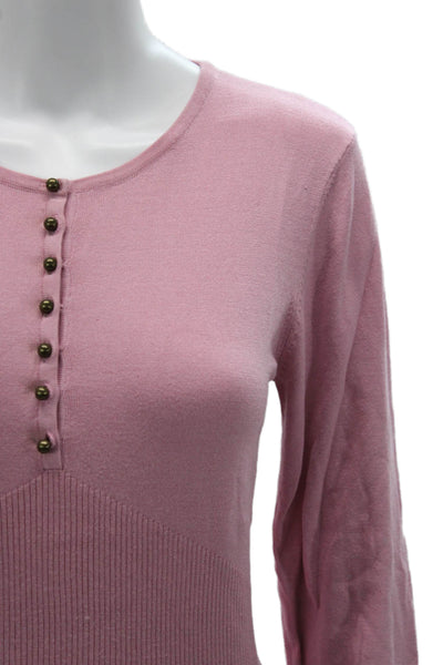 Tahari Women Basic Pink Button Up Sweater Long Sleeve Round Neck Size M