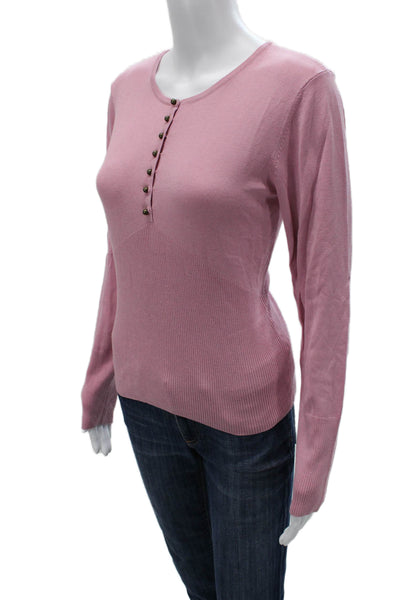 Tahari Women Basic Pink Button Up Sweater Long Sleeve Round Neck Size M