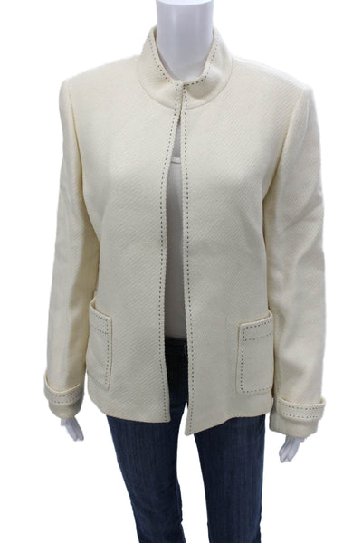 Tahari Women Blazer Beige Wool Blend Mock Neck Long Sleeve Size 14