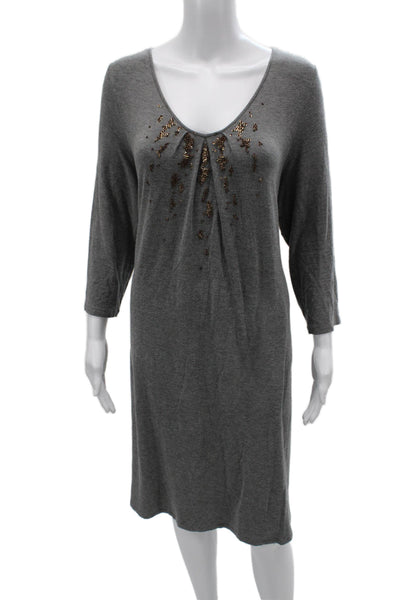 Eileen Fisher Women Sweater Dress Gray V-Neck 3/4 Sleeve Knee Length Size 1X
