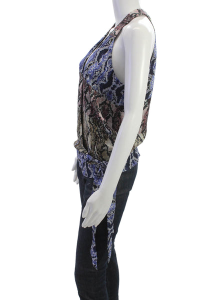 Parker Womens Blue Snake Print Silk V-Neck Tie Sleeveless Tank Size S