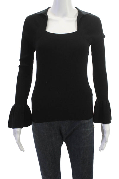 Minnie Rose Women Pullover Sweater Black Square Neck Long Sleeve Size S