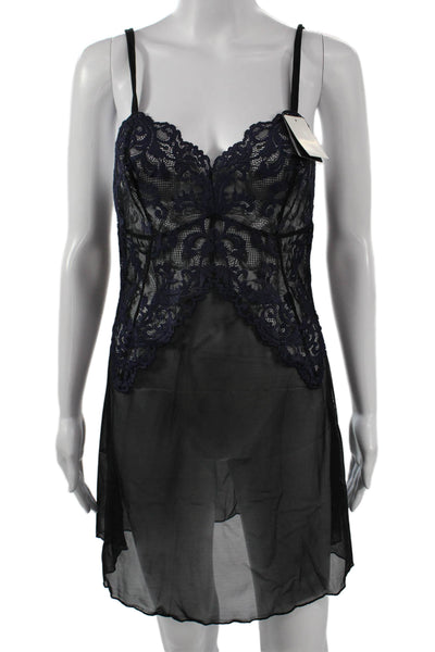 Wacoal Womens Lace Detail Sleeveless Night Gown Black Blue Size Medium