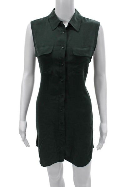 Equipment Femme Womens Shirt Dress Sleeveless Silk Green Collared Button Size S