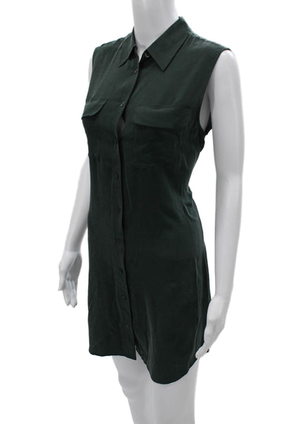 Equipment Femme Womens Shirt Dress Sleeveless Silk Green Collared Button Size S