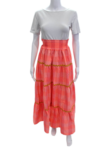 Sundress Women Maxi Peasant Skirt Pink Check Long Cotton Polyester Size XS