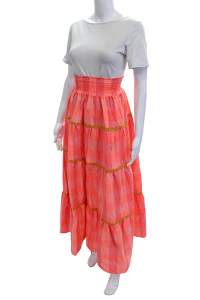 Sundress Women Maxi Peasant Skirt Pink Check Long Cotton Polyester Size XS