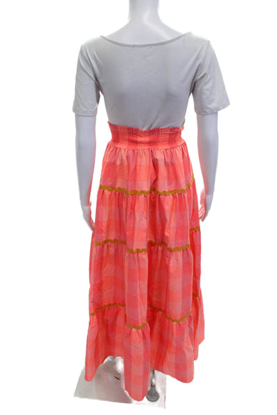 Sundress Women Maxi Peasant Skirt Pink Check Long Cotton Polyester Size XS