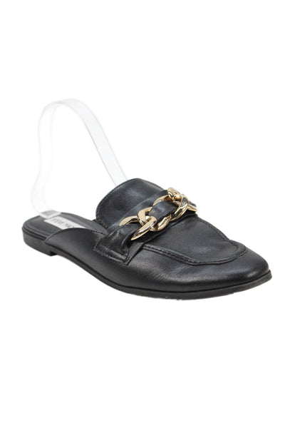 Steve Madden Womens Slip On Chain Detail Round Toe Leather Mules Black Size 8M