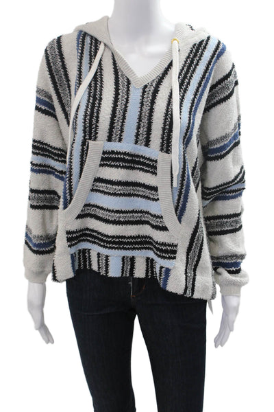 LT Women Hoodie Striped V Neck Drawstring Cotton Beige Long Sleeve Size S