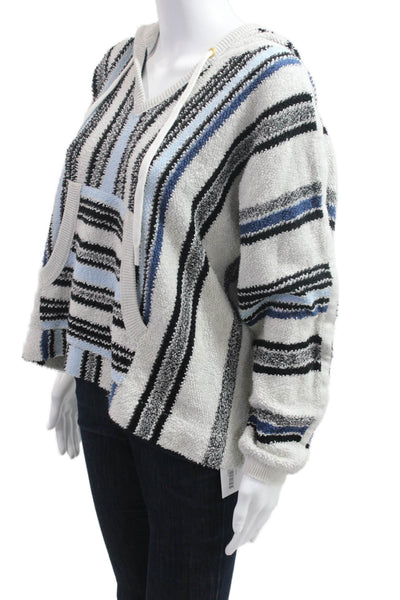 LT Women Hoodie Striped V Neck Drawstring Cotton Beige Long Sleeve Size S