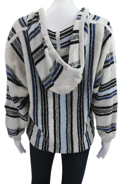 LT Women Hoodie Striped V Neck Drawstring Cotton Beige Long Sleeve Size S