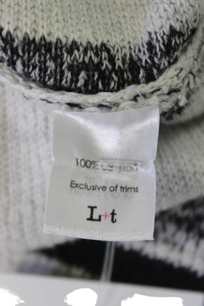 LT Women Hoodie Striped V Neck Drawstring Cotton Beige Long Sleeve Size S