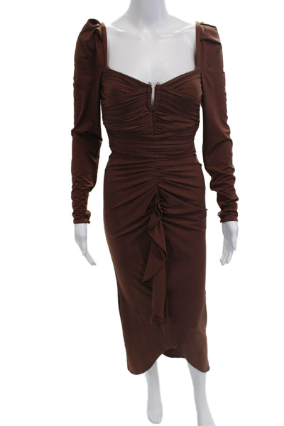 Self Portrait Womens Bodycon Midi Dress Brown Long Sleeve Square Neck Size 2