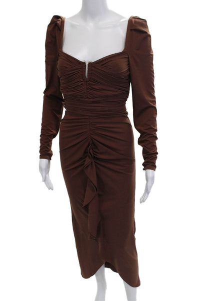 Self Portrait Womens Bodycon Midi Dress Brown Long Sleeve Square Neck Size 2