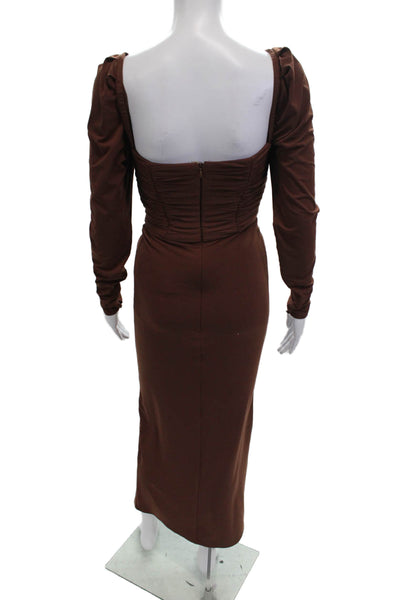 Self Portrait Womens Bodycon Midi Dress Brown Long Sleeve Square Neck Size 2