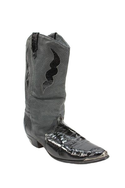 Dingo Womens Slip On Block Heel Patent Leather Trim Cowboy Boots Gray Black 8.5