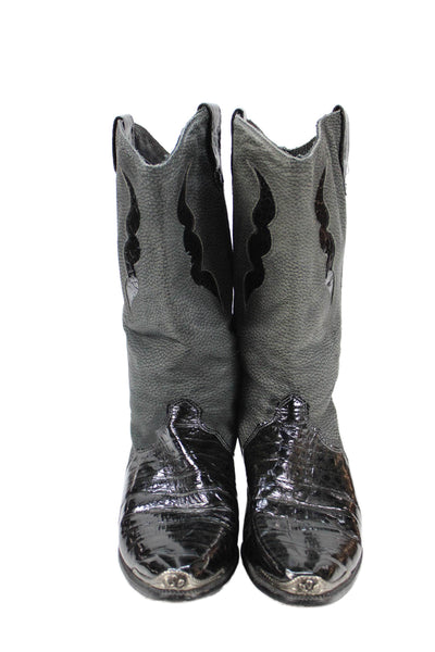 Dingo Womens Slip On Block Heel Patent Leather Trim Cowboy Boots Gray Black 8.5