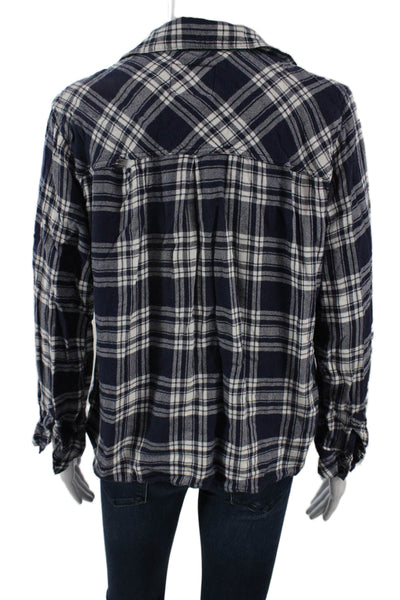 Rails Women Basic Collared Plaid Button-Up Dark Blue Rayon Long Sleeve Size M