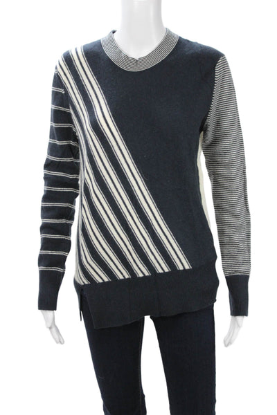 Equipment Femme Women Striped Cashmere Crew Neck Pullover Dark Blue Size L