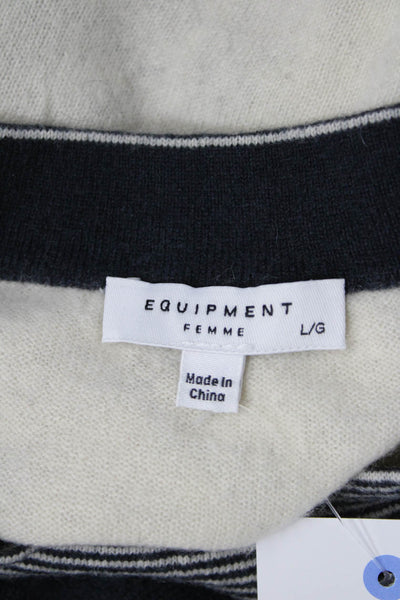 Equipment Femme Women Striped Cashmere Crew Neck Pullover Dark Blue Size L